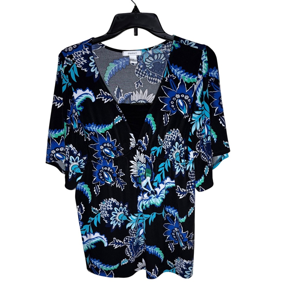 Dressbarn Floral Flutter Kimono Sleeve Top Faux Wrap Modest Cami Boho Blue M